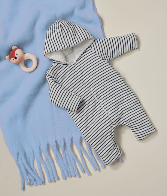 Combinaison longue ouatinée à capuche en coton bébé blanc MARSHMALLOW/bleu SMOKING