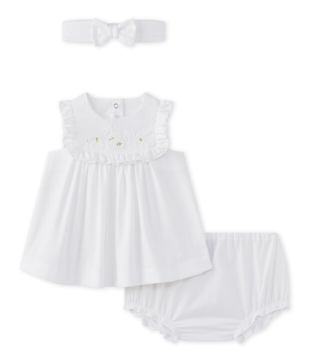 Ensemble b&eacute;b&eacute; fille 3 pi&egrave;ces en popeline blanc