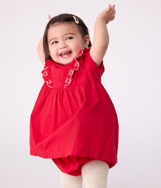 Robe bébé en coton manches courtes unie avec son bloomer rouge TERKUIT