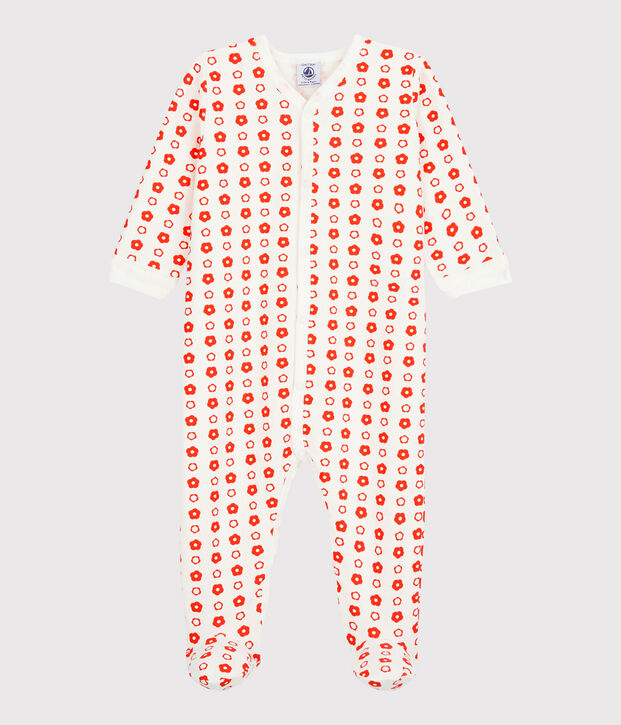 Dors-bien b&eacute;b&eacute; fleurs r&eacute;tro molleton en coton biologique blanc/rouge