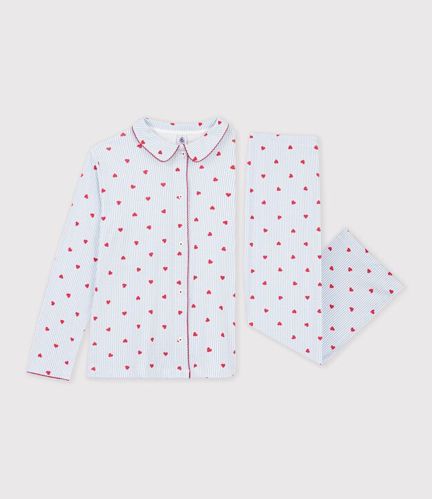 Pyjama boutonn&eacute; femme en coton imprim&eacute; &agrave; rayures et c&oelig;urs blanc/multicouleur