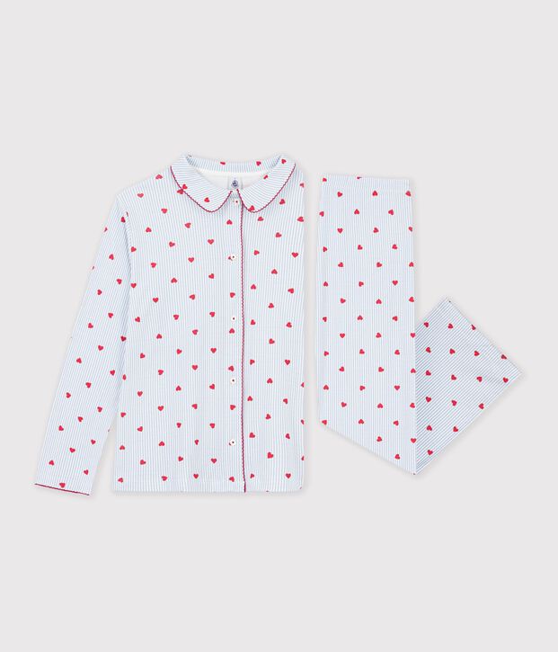 Pyjama boutonn&eacute; femme en coton imprim&eacute; &agrave; rayures et c&oelig;urs blanc/multicouleur