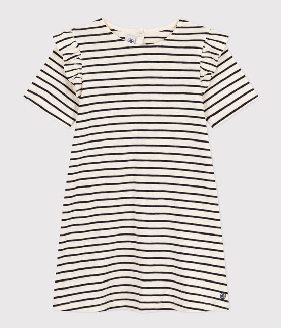 Robe rayée manches courtes en coton enfant fille blanc AVALANCHE/bleu SMOKING