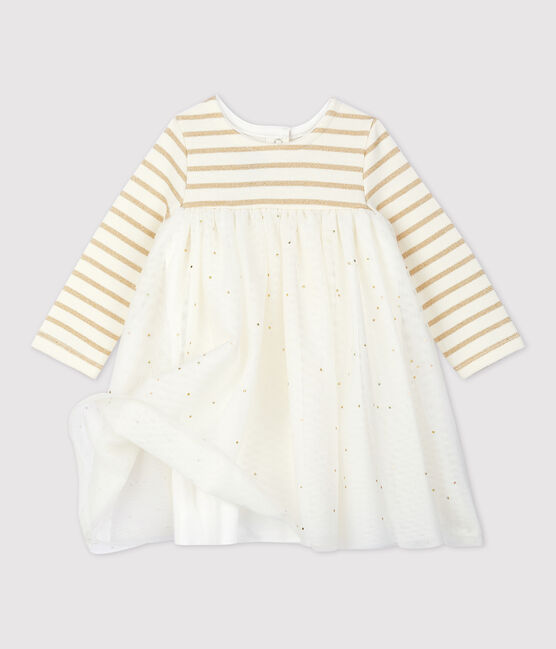 Robe manches longues bi-matière bébé fille beige COQUILLE/jaune LUREX DORE
