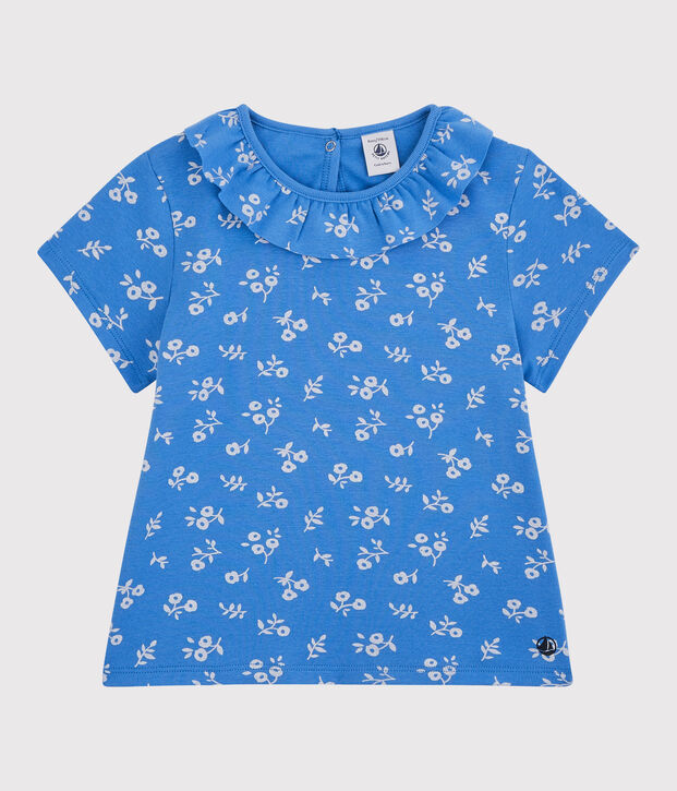 T-shirt manches courtes en coton enfant fille bleu/blanc