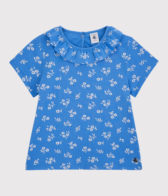 T-shirt manches courtes en coton enfant fille bleu BRASIER/gris MARSHMALLOW