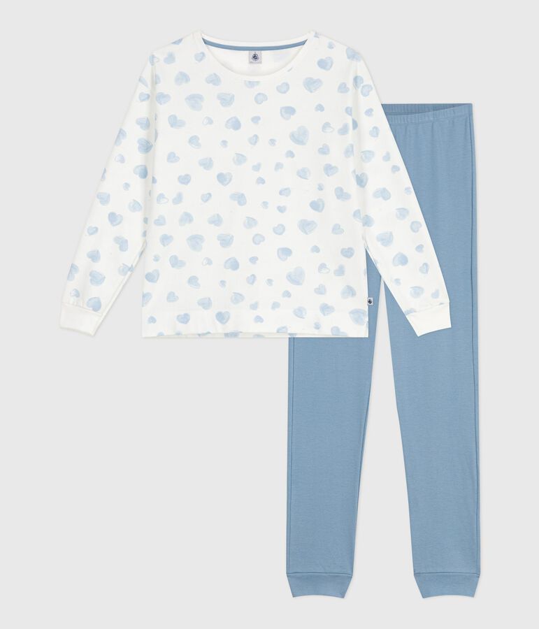 Pyjama femme en coton bi-mati&egrave;re imprim&eacute; c&oelig;urs bleu ADRIATIC/ MULTICO