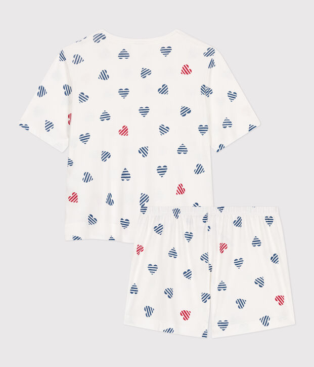 Pyjama short femme en coton imprim&eacute; coeurs blanc/multicouleur