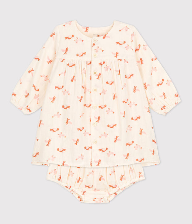 Robe et bloomer b&eacute;b&eacute; imprim&eacute;s oiseaux en gaze de coton &eacute;cru/multicouleur