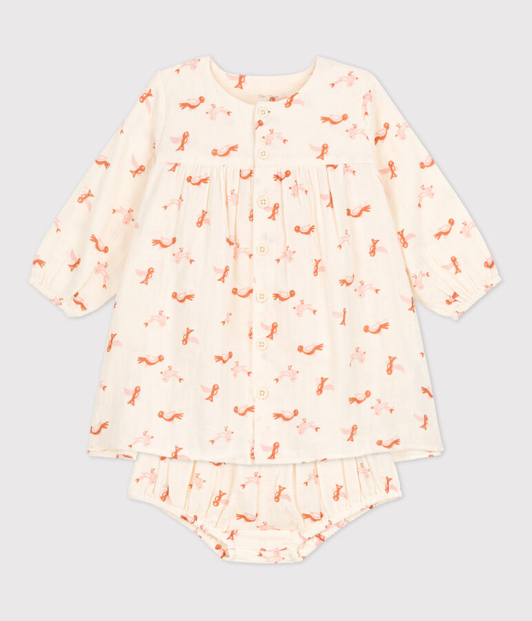 Robe et bloomer b&eacute;b&eacute; imprim&eacute;s oiseaux en gaze de coton blanc AVALANCHE/ MULTICO
