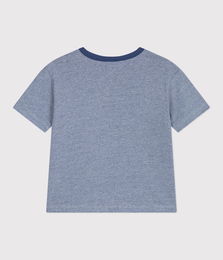 Tee-shirt enfant manches courtes en coton &agrave; rayures bleu CREPUSCULE/ MARSHMALLOW