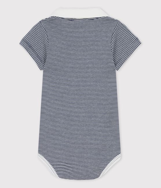 Body à col polo rayé milleraies en coton bio bébé bleu SMOKING/blanc MARSHMALLOW