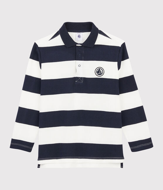 Polo manches longues enfant garçon bleu SMOKING/blanc MARSHMALLOW