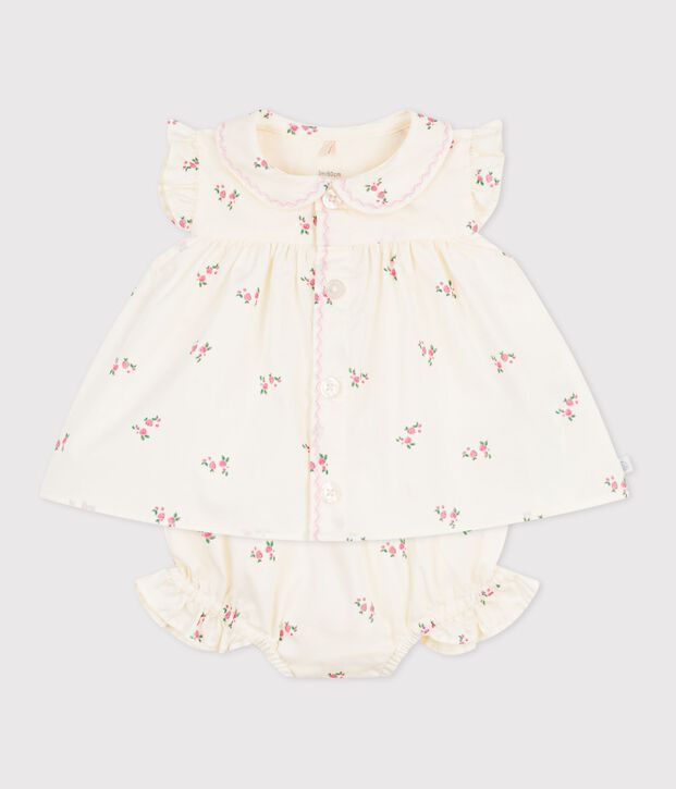 Ensemble 2 pi&egrave;ces b&eacute;b&eacute; en coton, blouse et bloomer imprim&eacute;s fleurs &eacute;cru/multicouleur