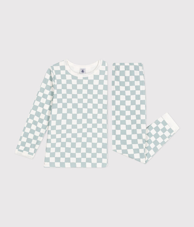 Pyjama en coton imprim&eacute; damier enfant blanc/vert