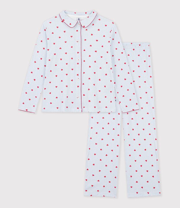 Pyjama boutonn&eacute; femme en coton imprim&eacute; &agrave; rayures et c&oelig;urs blanc/multicouleur
