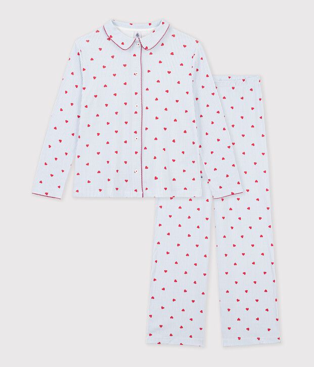Pyjama boutonn&eacute; femme en coton imprim&eacute; &agrave; rayures et c&oelig;urs blanc/multicouleur