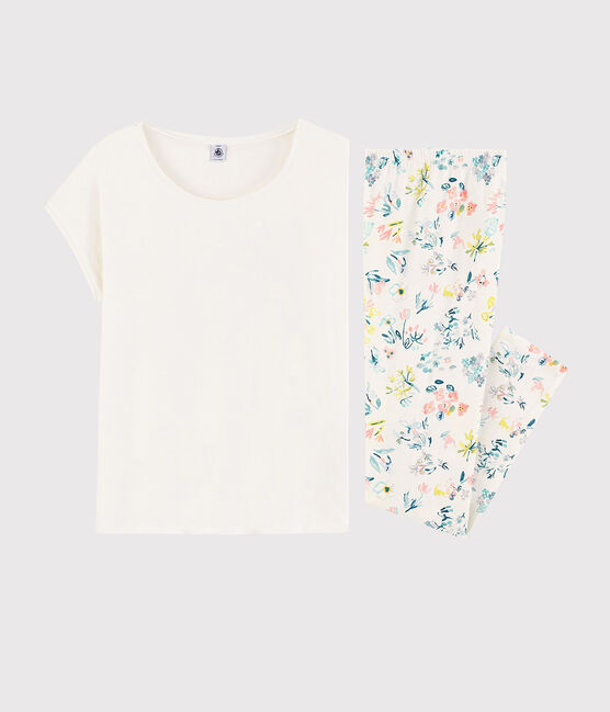 Pyjama fleurs printanières fille- femme en coton blanc MARSHMALLOW/blanc MULTICO