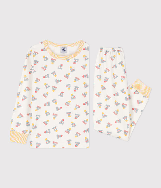 Pyjama imprim&eacute; bonnet en molleton blanc/multicouleur