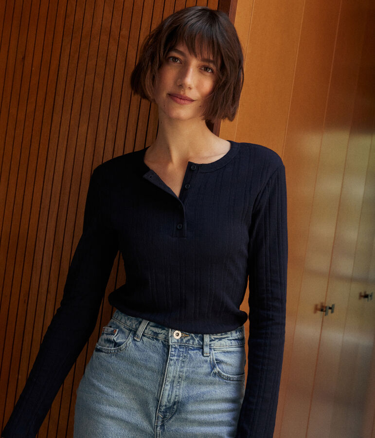 Tee-shirt manches longues col tunisien en c&ocirc;te d&eacute;saiguill&eacute;e unie uni femme bleu SMOKING