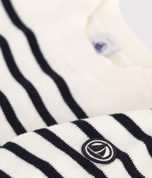 Pull en tricot de laine et coton b&eacute;b&eacute; blanc/bleu