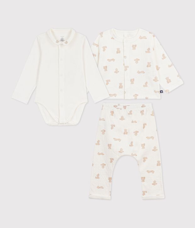 Ensemble long 3 pi&egrave;ces b&eacute;b&eacute; en coton, imprim&eacute; oursons blanc/BRUN