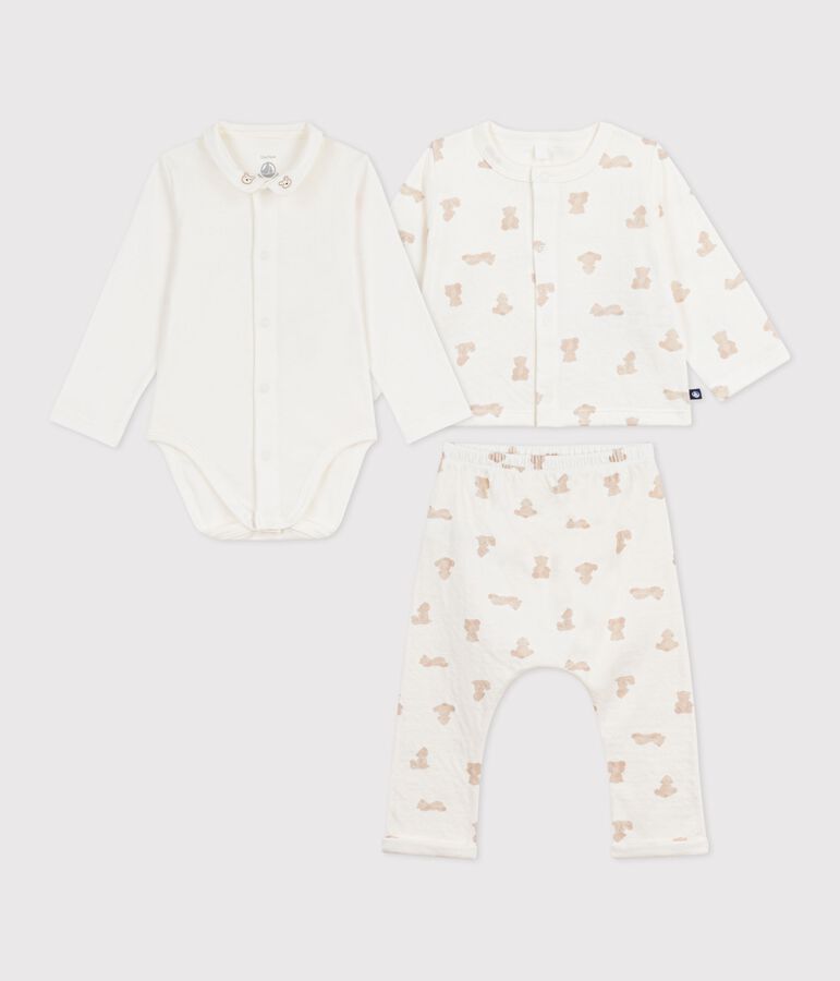 Ensemble long 3 pi&egrave;ces b&eacute;b&eacute; en coton, imprim&eacute; oursons MARSHMALLOW/ BRUN