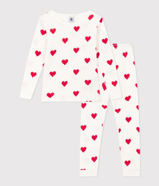 Pyjama ajusté coeurs en coton petite fille blanc MARSHMALLOW/rouge TERKUIT