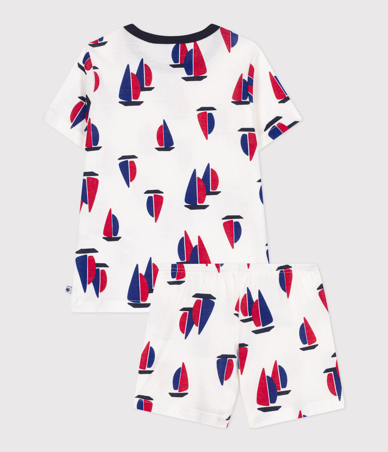 Pyjama short enfant en coton imprim&eacute; bateaux blanc MARSHMALLOW/blanc MULTICO