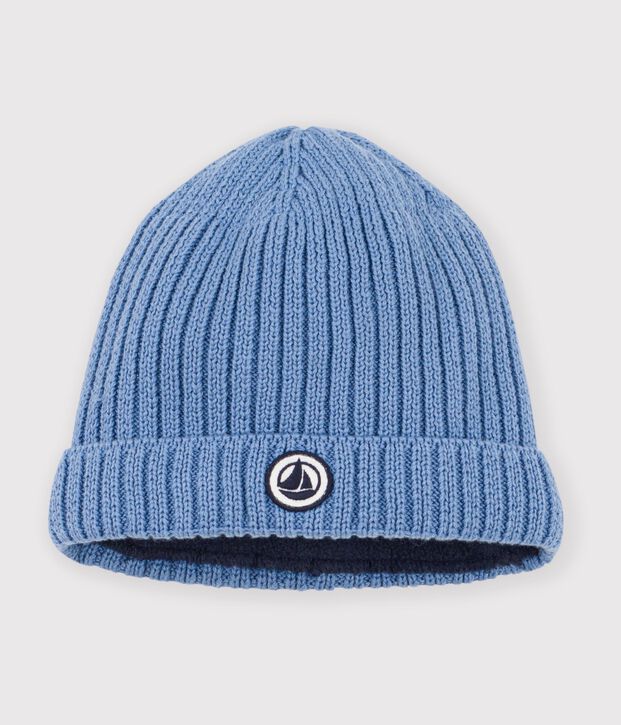 Bonnet b&eacute;b&eacute; en tricot doubl&eacute; en polaire bleu