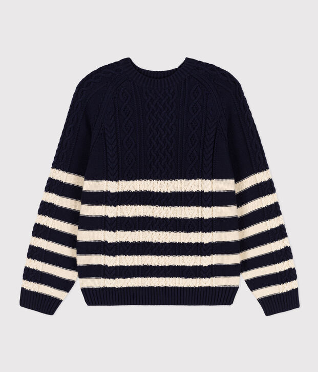 Pull irlandais &agrave; rayures en coton Femme bleu/&eacute;cru