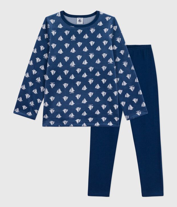 Pyjama  en coton manches longues en velours bleu/blanc