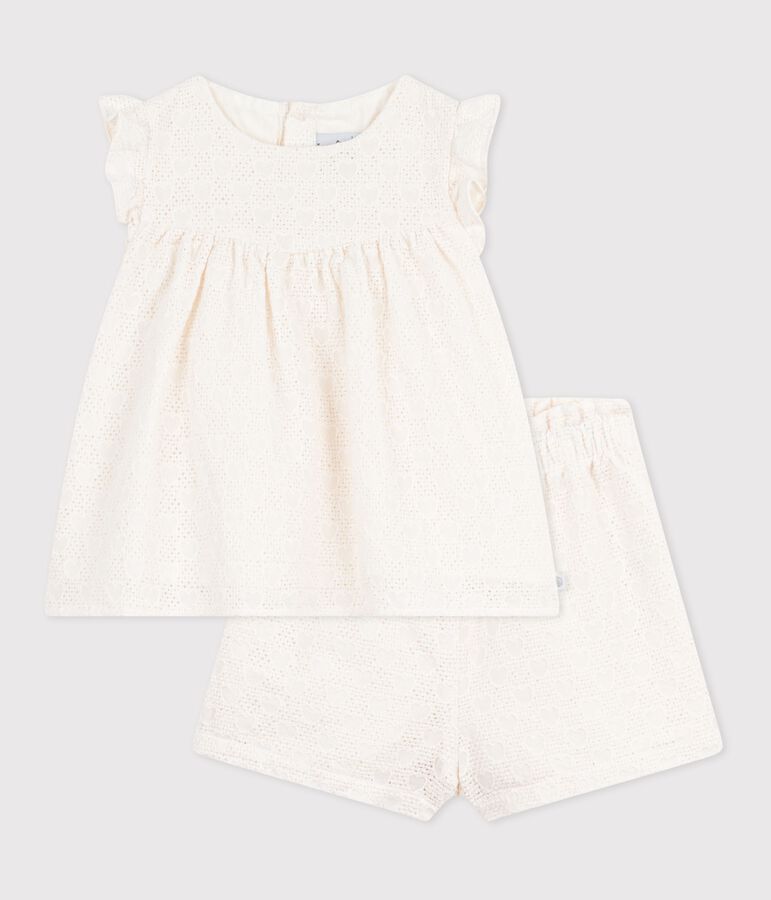 Ensemble b&eacute;b&eacute; 2 pi&egrave;ces en broderie anglaise, motif c&oelig;urs blanc