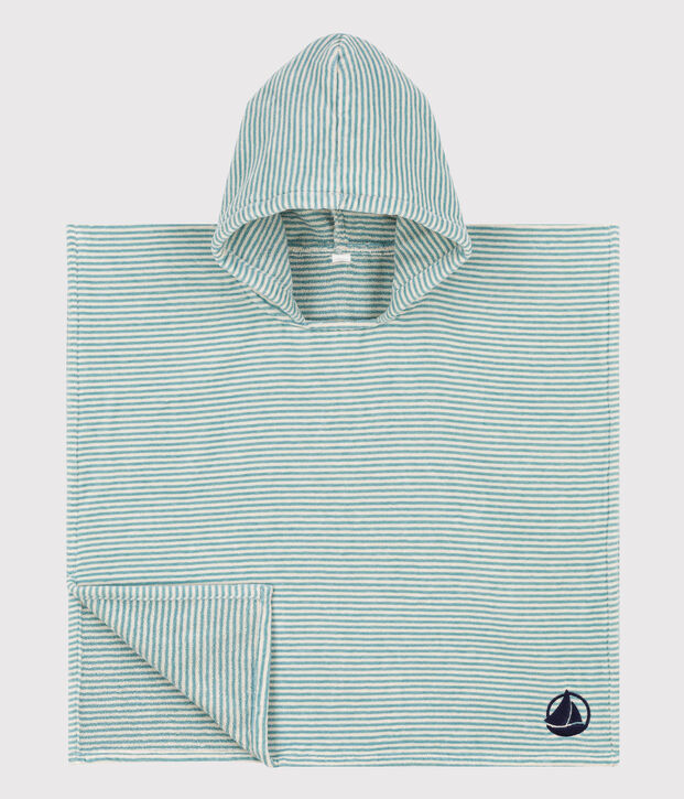 Poncho enfant en coton vert/&eacute;cru