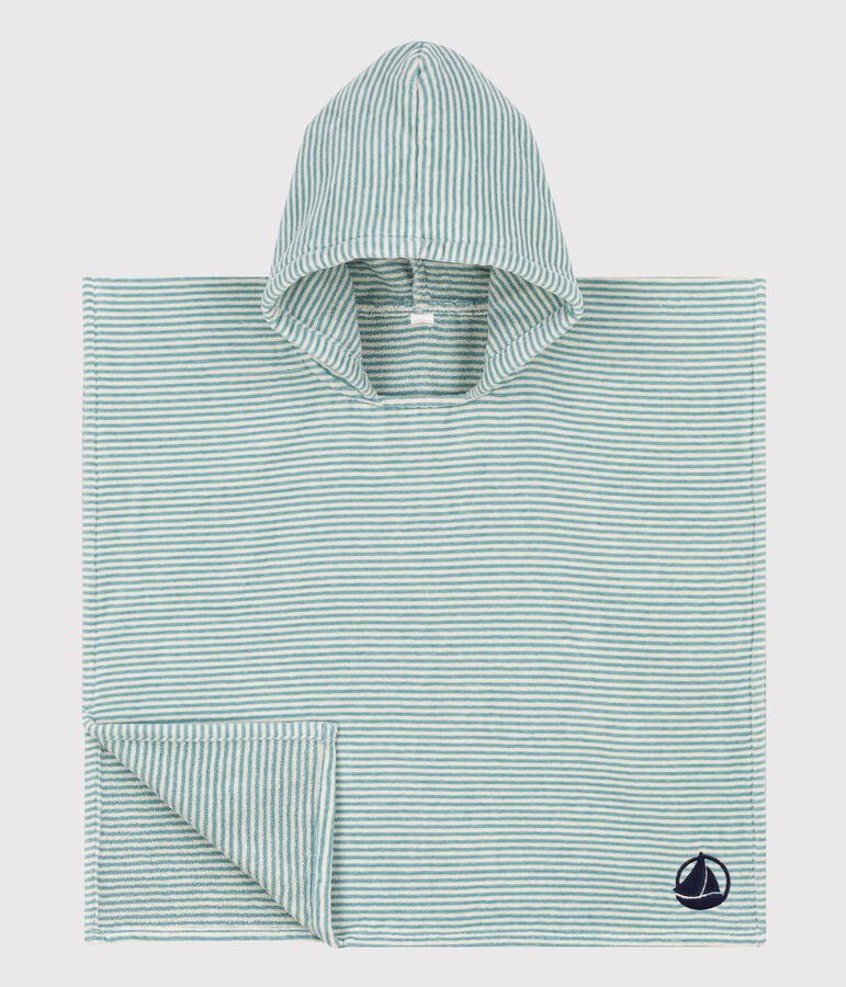 Poncho enfant en coton vert/&eacute;cru