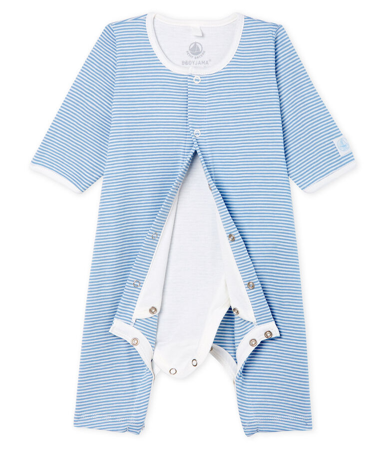 Bodyjama sans pieds b&eacute;b&eacute; fille en c&ocirc;te bleu ACIER/blanc MARSHMALLOW