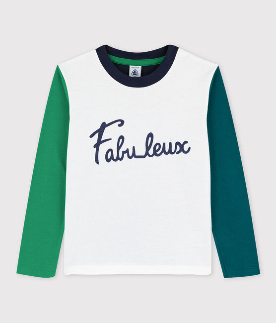 Tee-shirt manches longues en coton enfant garçon blanc MARSHMALLOW/blanc MULTICO