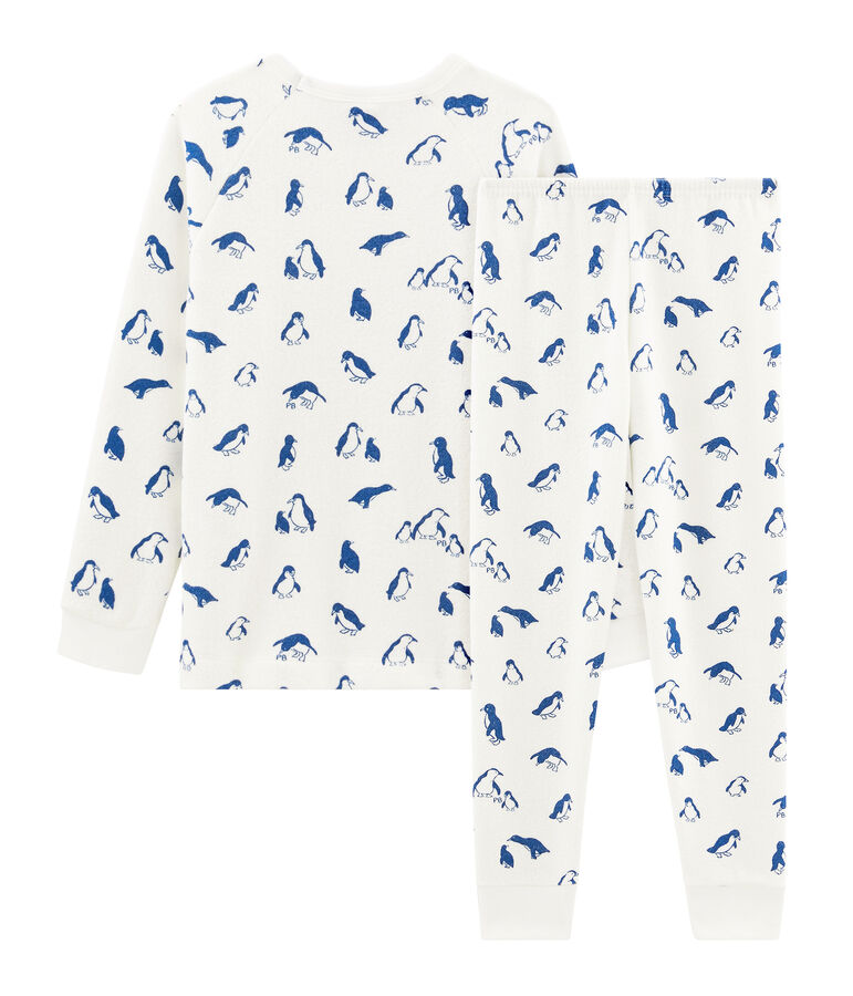Pyjama mixte en bouclette &eacute;ponge gratt&eacute;e extra chaude blanc MARSHMALLOW/bleu MAJOR