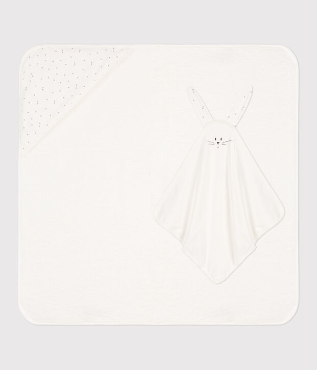 Carr&eacute; de bain et doudou en coton blanc/gris