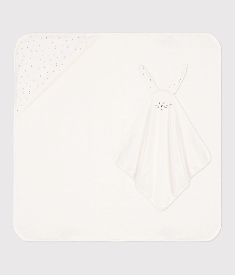 Carr&eacute; de bain et doudou en coton blanc/gris
