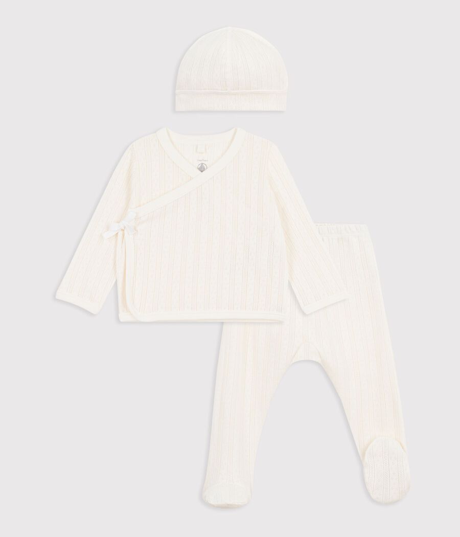 Ensemble long 3 pièces bébé en coton ajouré et son bonnet (Petit Bateau) - Image 3