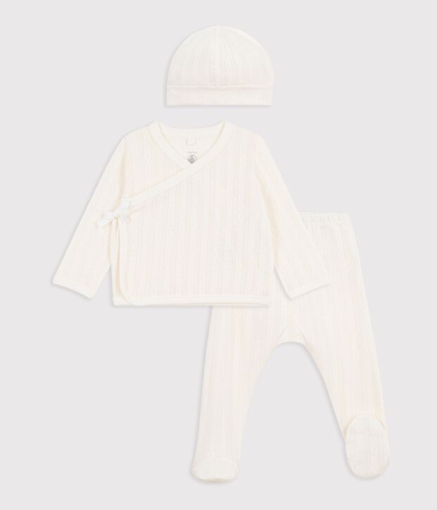 Ensemble long 3 pi&egrave;ces b&eacute;b&eacute; en coton ajour&eacute; et son bonnet blanc cass&eacute;
