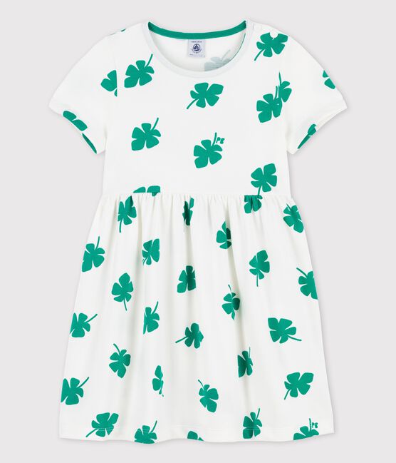Robe manches courtes en molleton enfant fille blanc MARSHMALLOW/vert GAZON