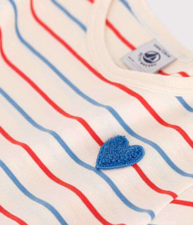 Robe enfant en coton manches courtes &agrave; rayures  et c&oelig;ur &eacute;cru/multicouleur