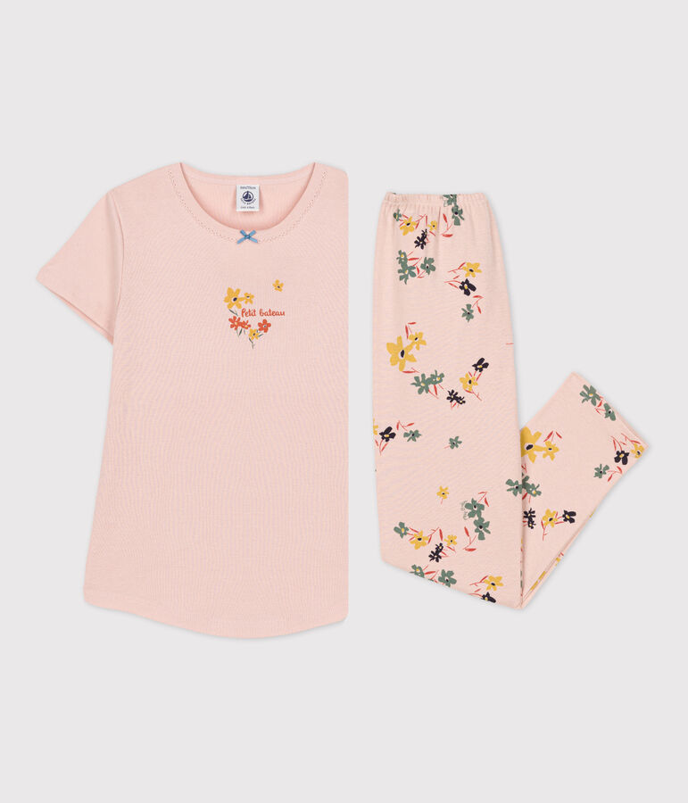 Pyjama manches courtes fleur petite fille en coton rose/multicouleur