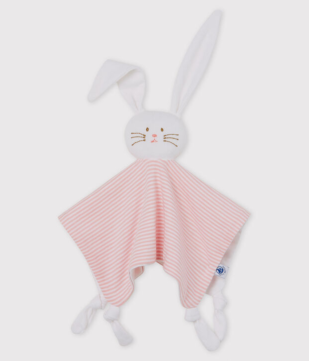 Doudou lapin b&eacute;b&eacute; en coton rose/blanc