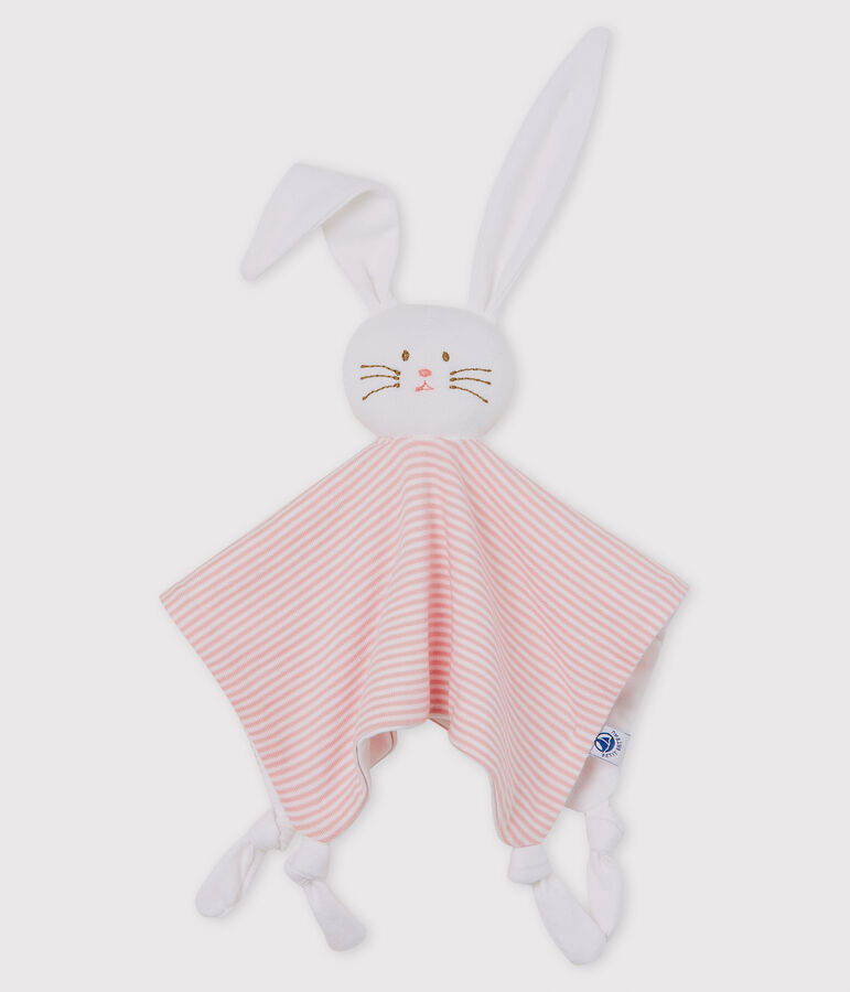 Doudou lapin b&eacute;b&eacute; en coton rose CHARME/blanc MARSHMALLOW