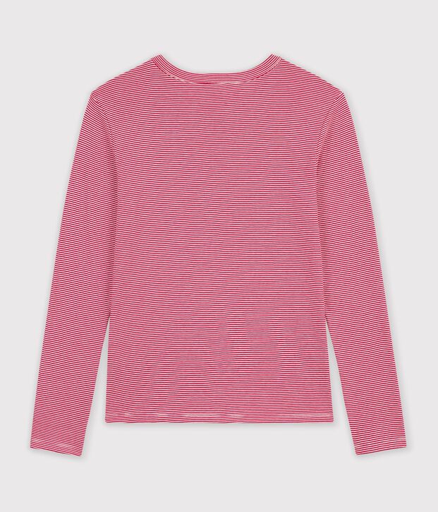 Tee-shirt femme en coton manches longues &agrave; rayures rouge/blanc