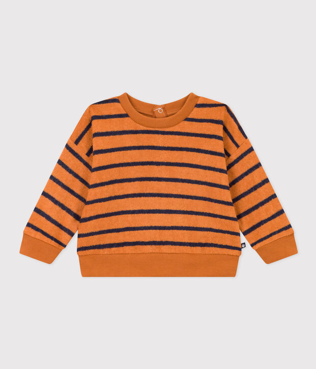 Sweatshirt en bouclette &eacute;ponge ray&eacute;e b&eacute;b&eacute; marron/bleu