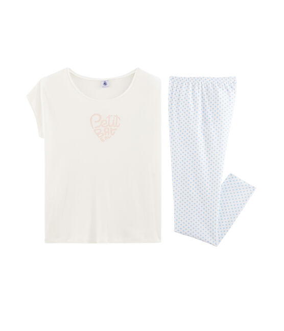 Pyjama fille en côte blanc MARSHMALLOW/bleu JASMIN